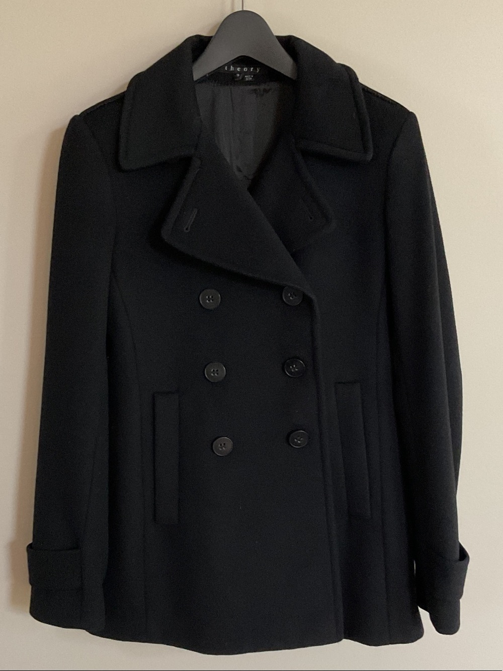 Theory Black Double-Breasted Wool Pea Coat